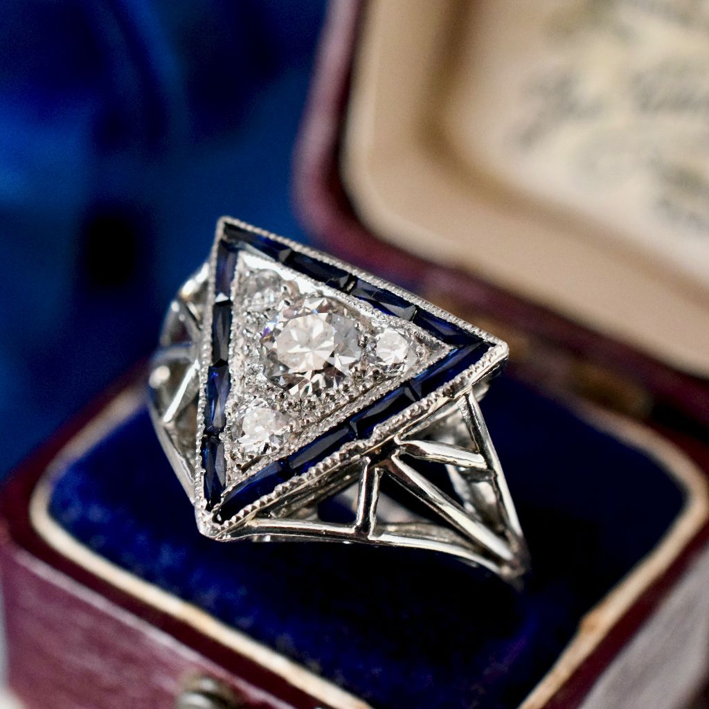 Superb  Antique Art Deco 14ct White Gold Diamond Sapphire Ring Circa 1925