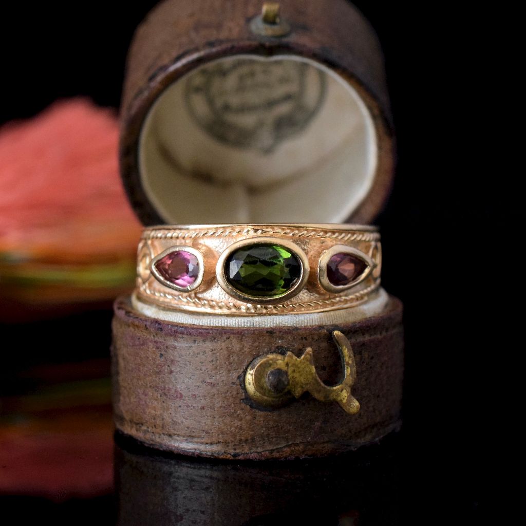 Modern 14ct Yellow Gold Green And Pink Tourmaline Ring
