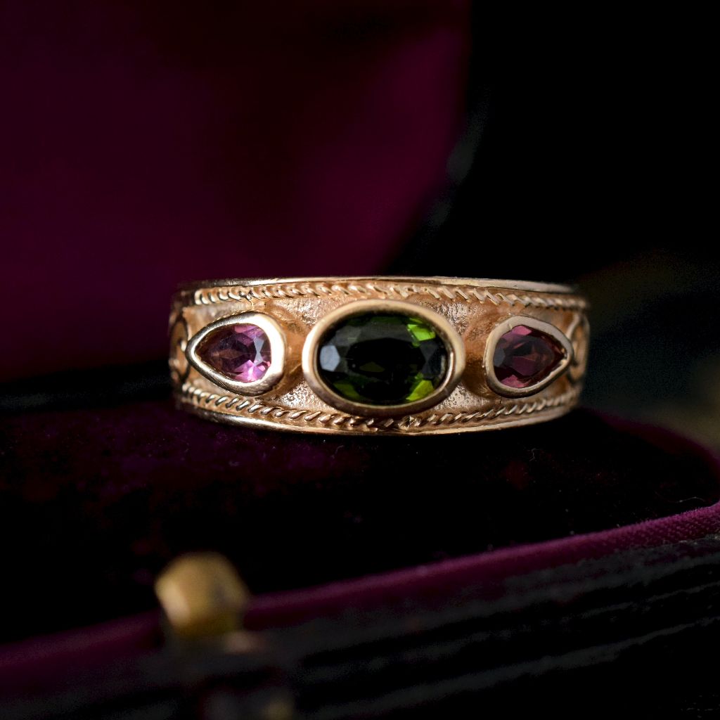 Modern 14ct Yellow Gold Green And Pink Tourmaline Ring