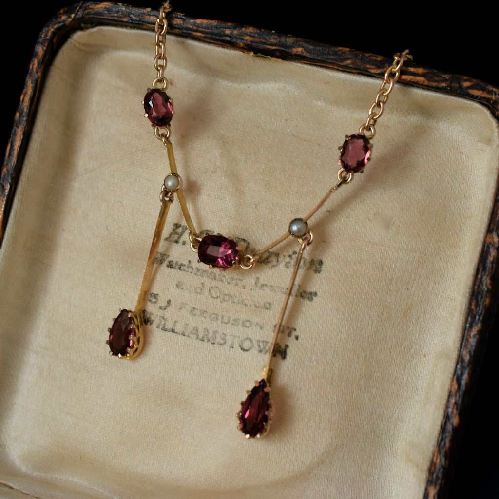 Antique Edwardian Garnet Seed Pearl Lavaliere By William Dunkling Circa 1910