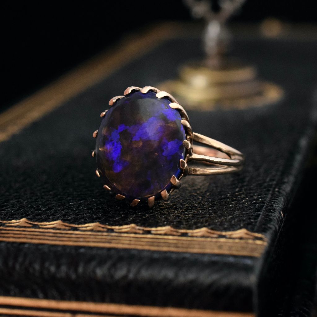 Vintage 9ct Rose Gold Australian Solid Lightning Ridge Black Crystal Opal Ring