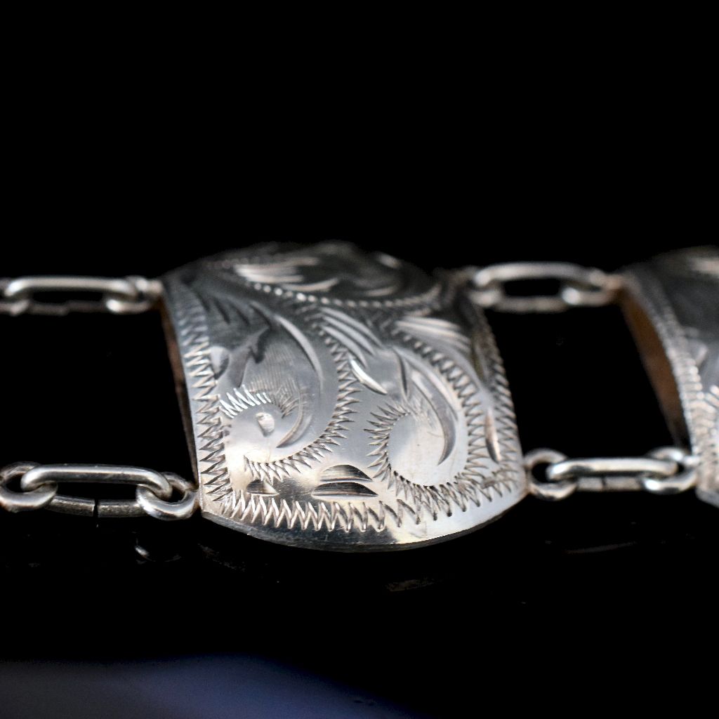 Vintage Australian Sterling Silver Engraved Panel Bracelet By ‘Scandia’