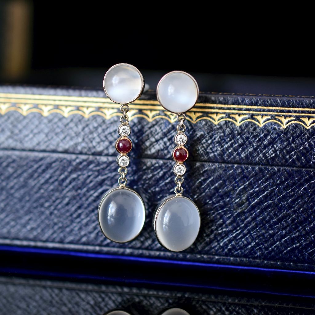 Exceptional 18ct White Gold Moonstone Diamond Ruby Earrings