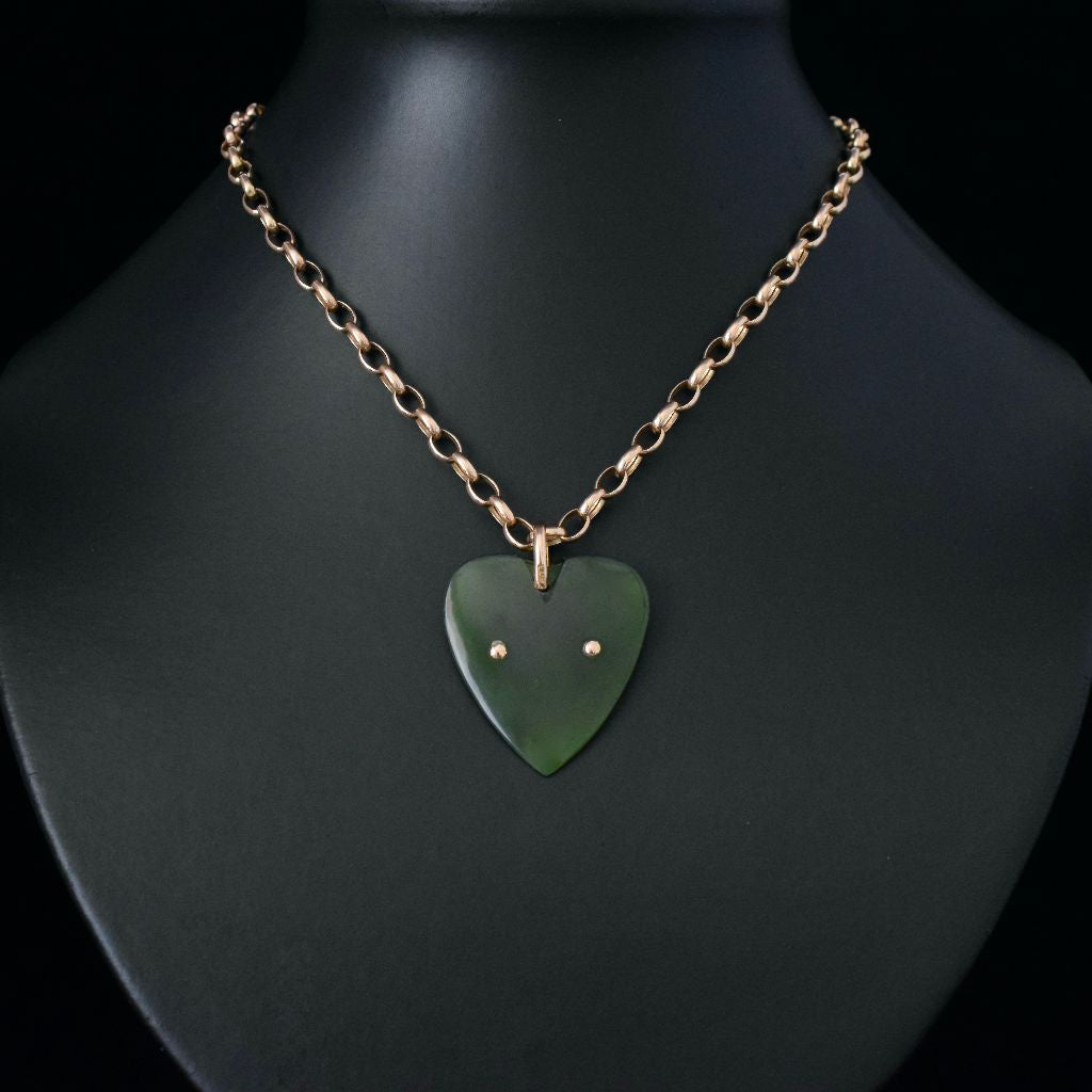 Antique Australian 9ct Gold Nephrite Jade ‘Aroha Nui’ Heart Pendant Circa 1910