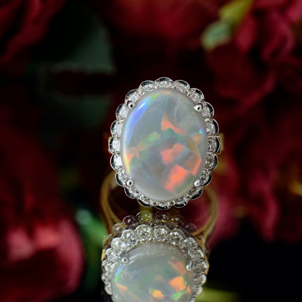 Modern/Vintage 18ct Yellow Gold Solid Dark Opal And Diamond Halo Ring (Independent Valuation Included In Purchase $12,500)