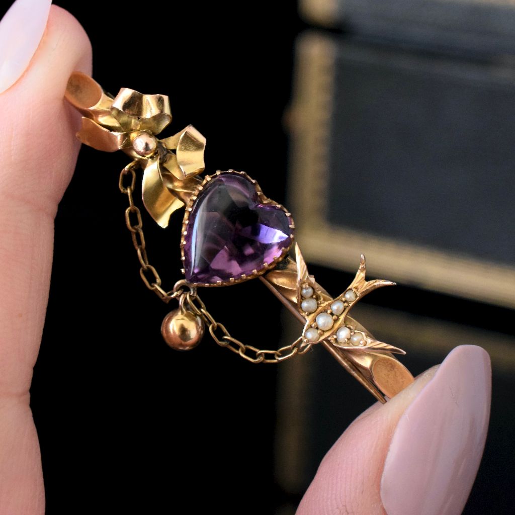 Antique 9ct Yellow Gold Amethyst Heart / Swallow Brooch Circa 1904