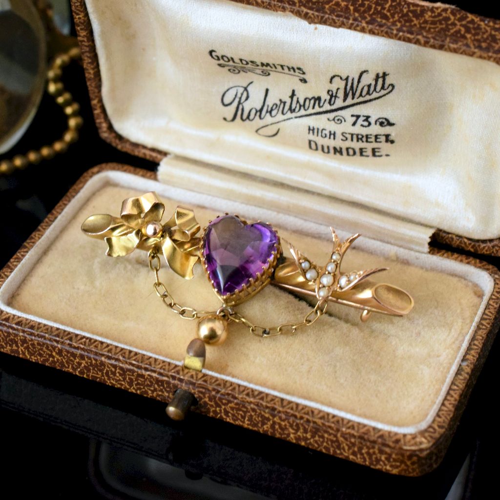 Antique 9ct Yellow Gold Amethyst Heart / Swallow Brooch Circa 1904