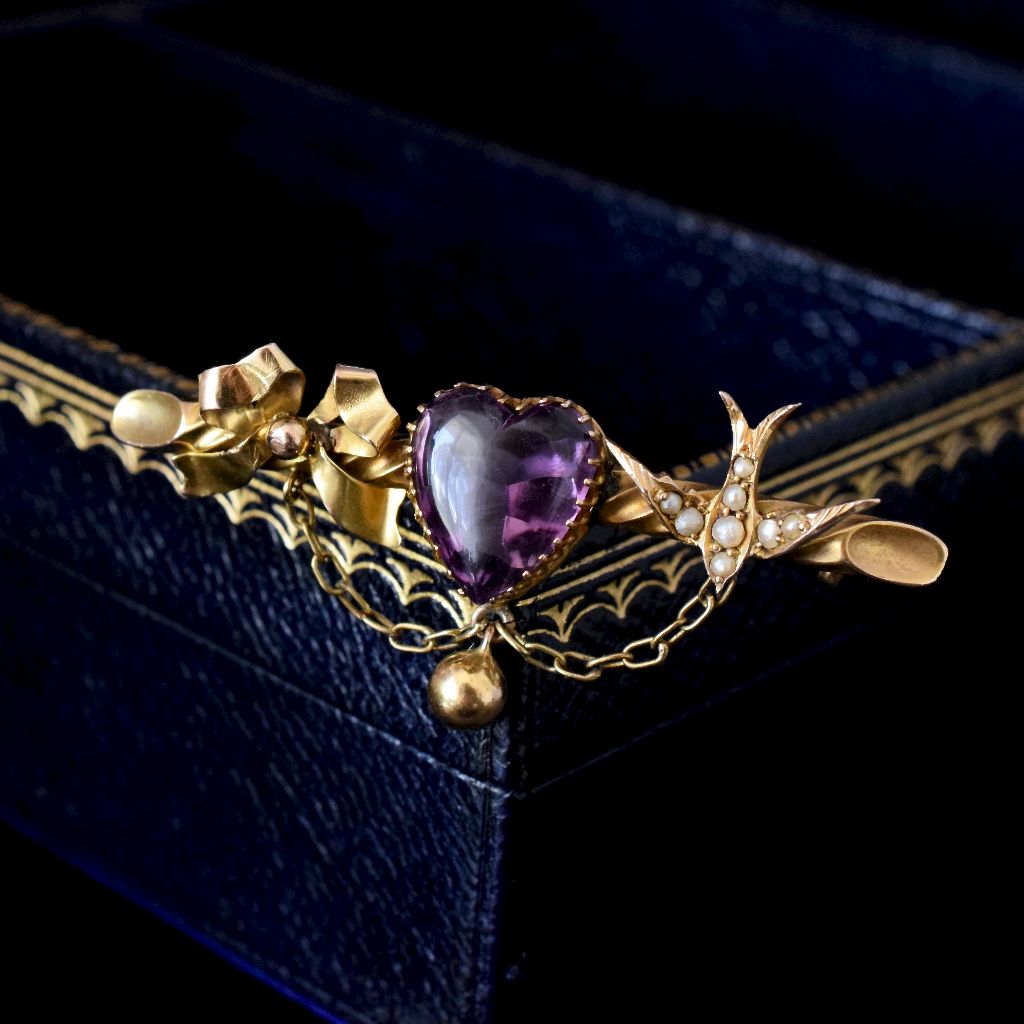 Antique 9ct Yellow Gold Amethyst Heart / Swallow Brooch Circa 1904