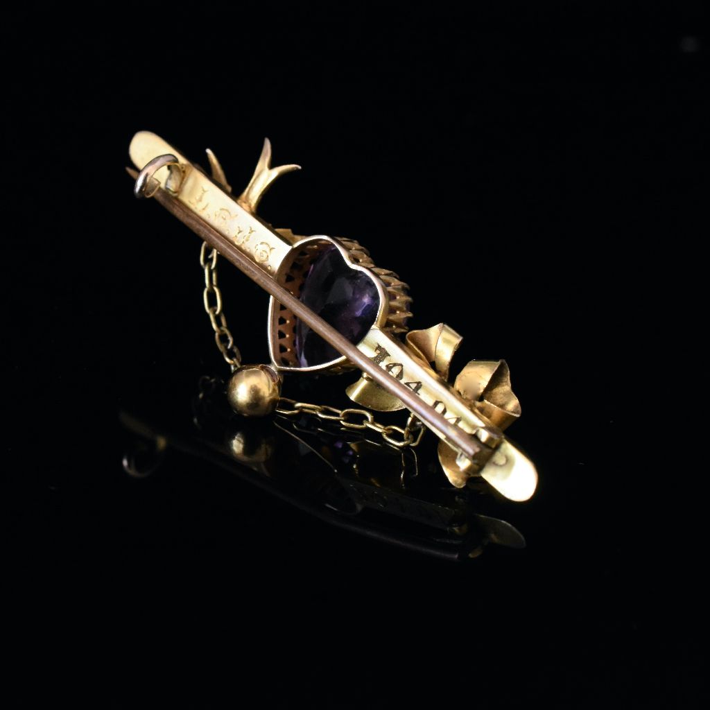Antique 9ct Yellow Gold Amethyst Heart / Swallow Brooch Circa 1904