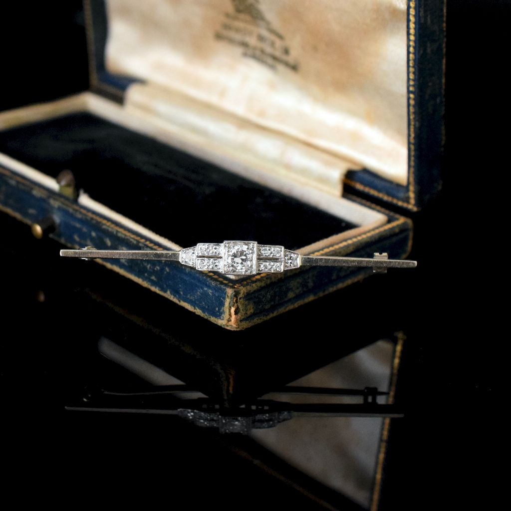 Antique Art Deco 18ct White Gold Diamond Bar Brooch Circa 1935