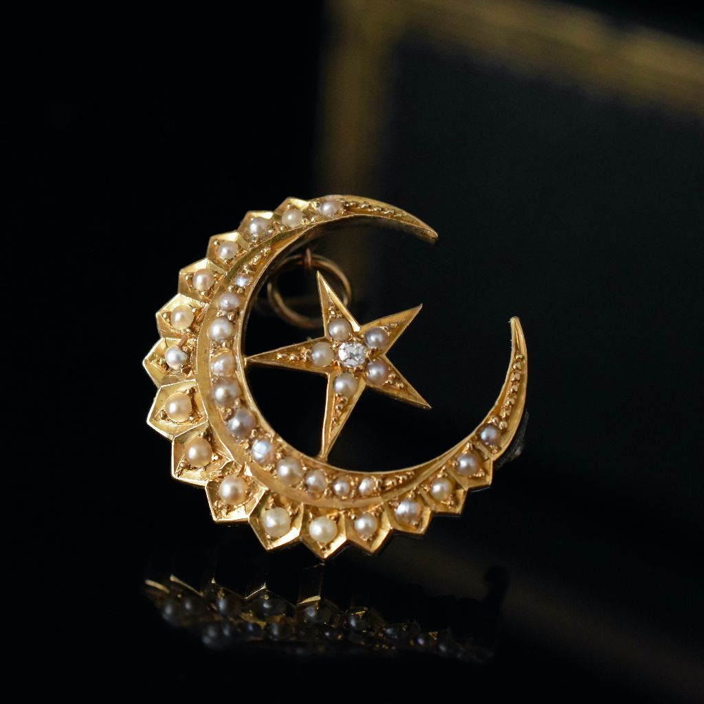 Antique Australian 18ct Yellow Gold ‘Celestial’ Diamond Pearl Crescent Brooch Circa 1890