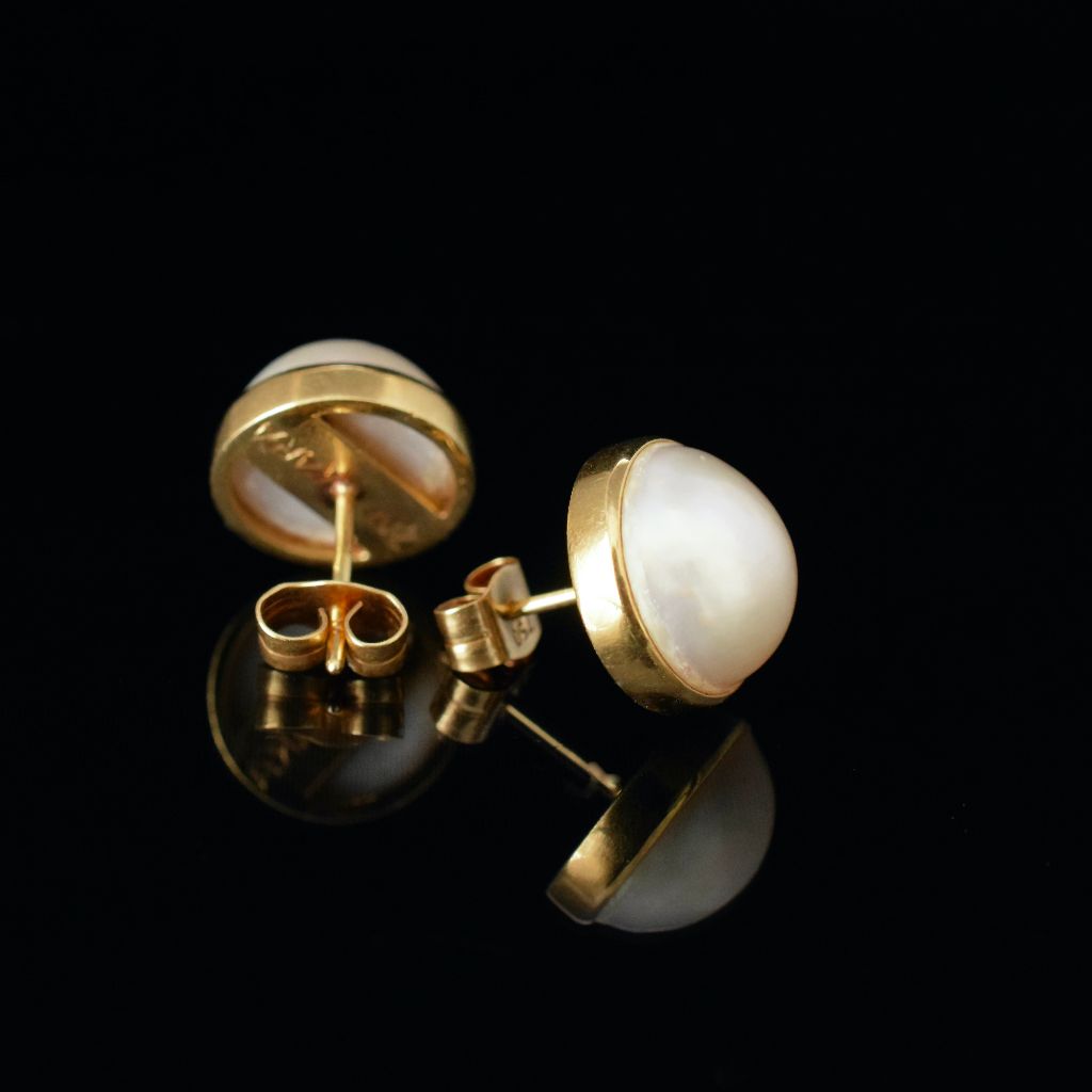 Modern 18ct Yellow Gold Mabe Pearl Earrings