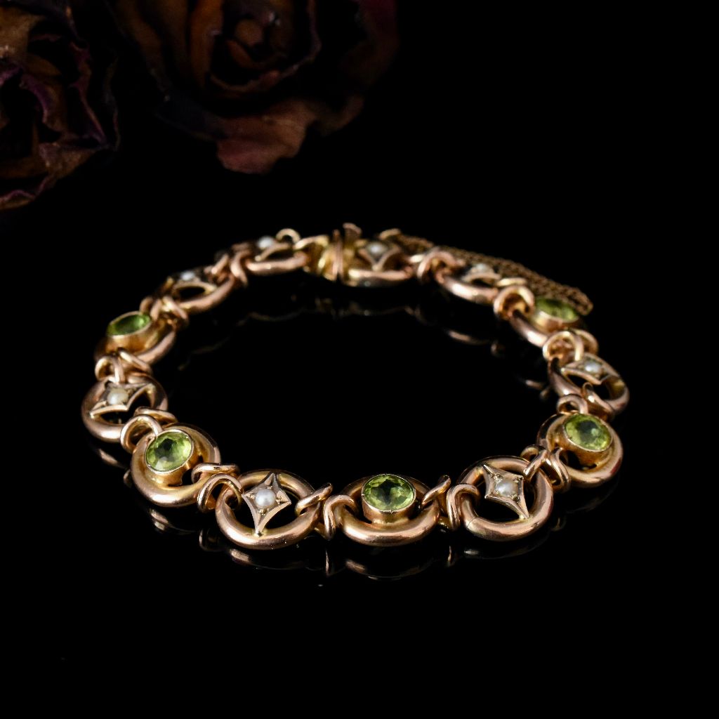 Antique Australian 9ct Rose Gold Peridot / Seed Pearl Bracelet Circa 1910