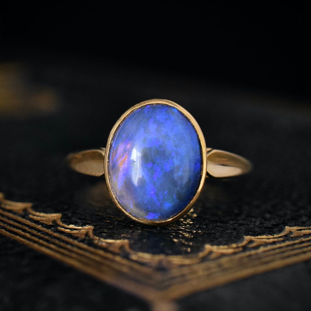 Vintage 18ct Yellow Gold Lightning Ridge Solid Black Crystal Opal Ring