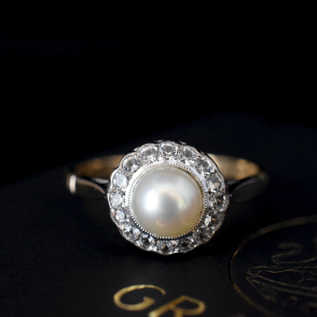 Vintage 18ct Yellow Gold Palladium Pearl And Spinel Cluster Ring