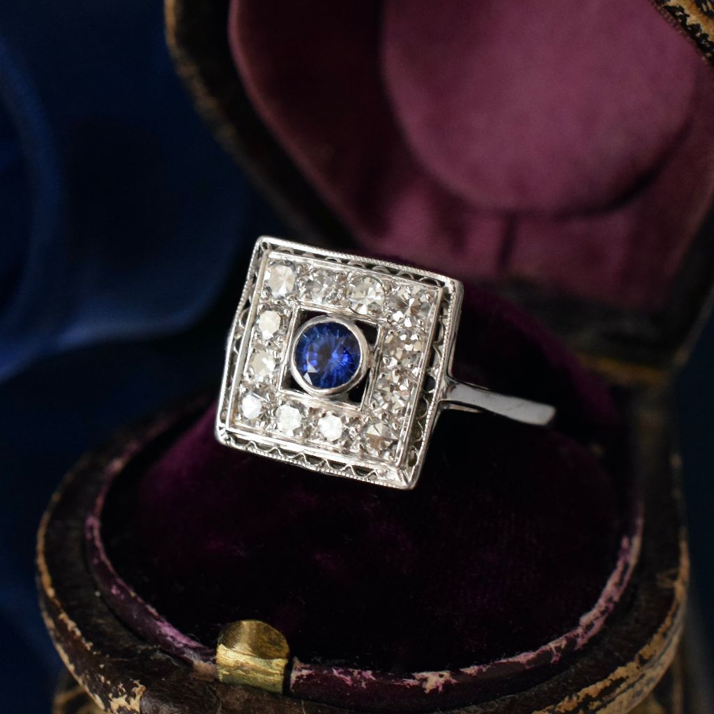 Antique Art Deco 14k White Gold Diamond And Sapphire Ring Circa 1925