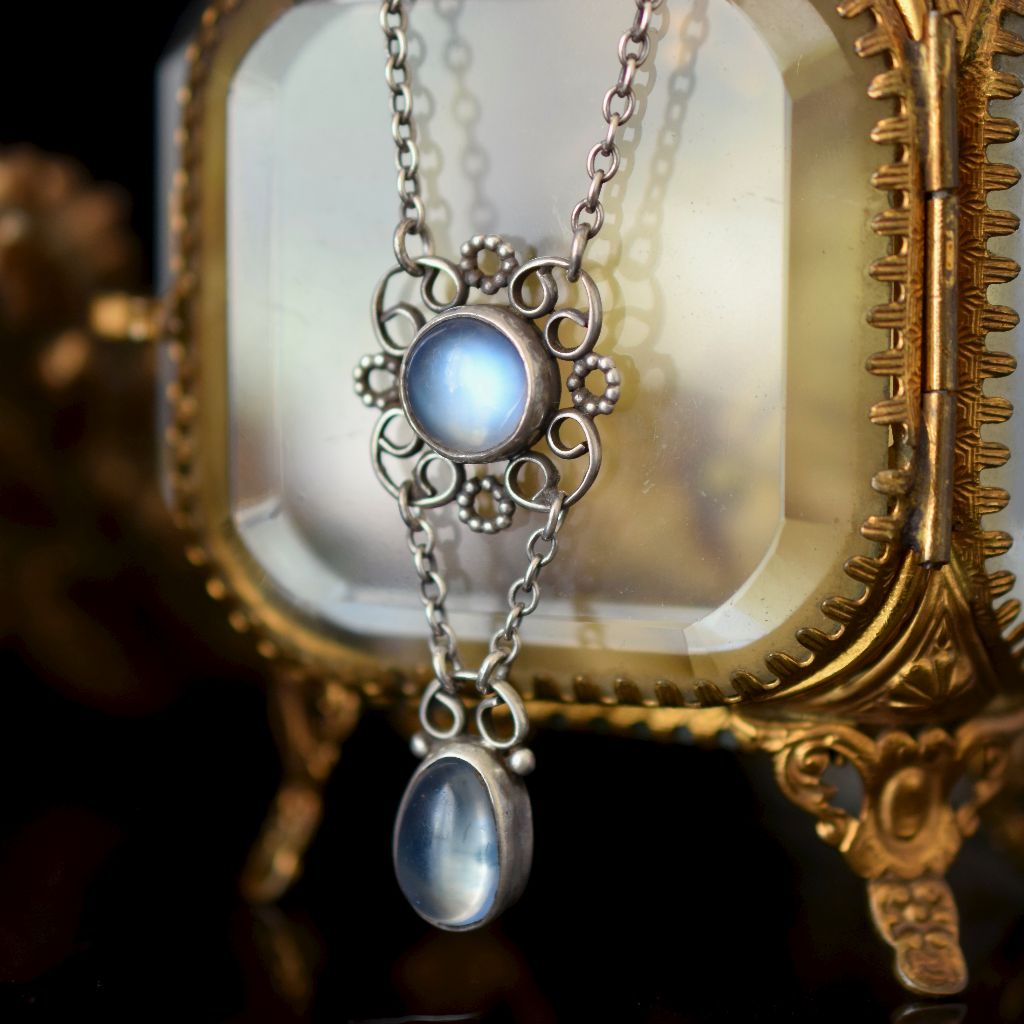 Antique Arts & Crafts Sterling Silver And Moonstone Pendant Necklace Circa 1915