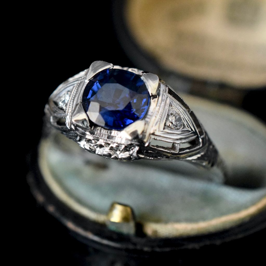 Antique Art Deco 14ct White Gold Natural Sapphire Diamond Ring (Independent valuation included with purchase $6,700)
