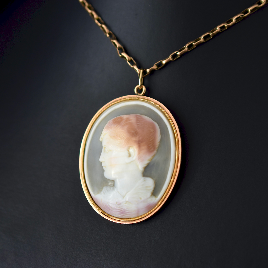 Antique Late Georgian Early Victorian 12ct Yellow Gold And Shell Cameo Of A Round Boy