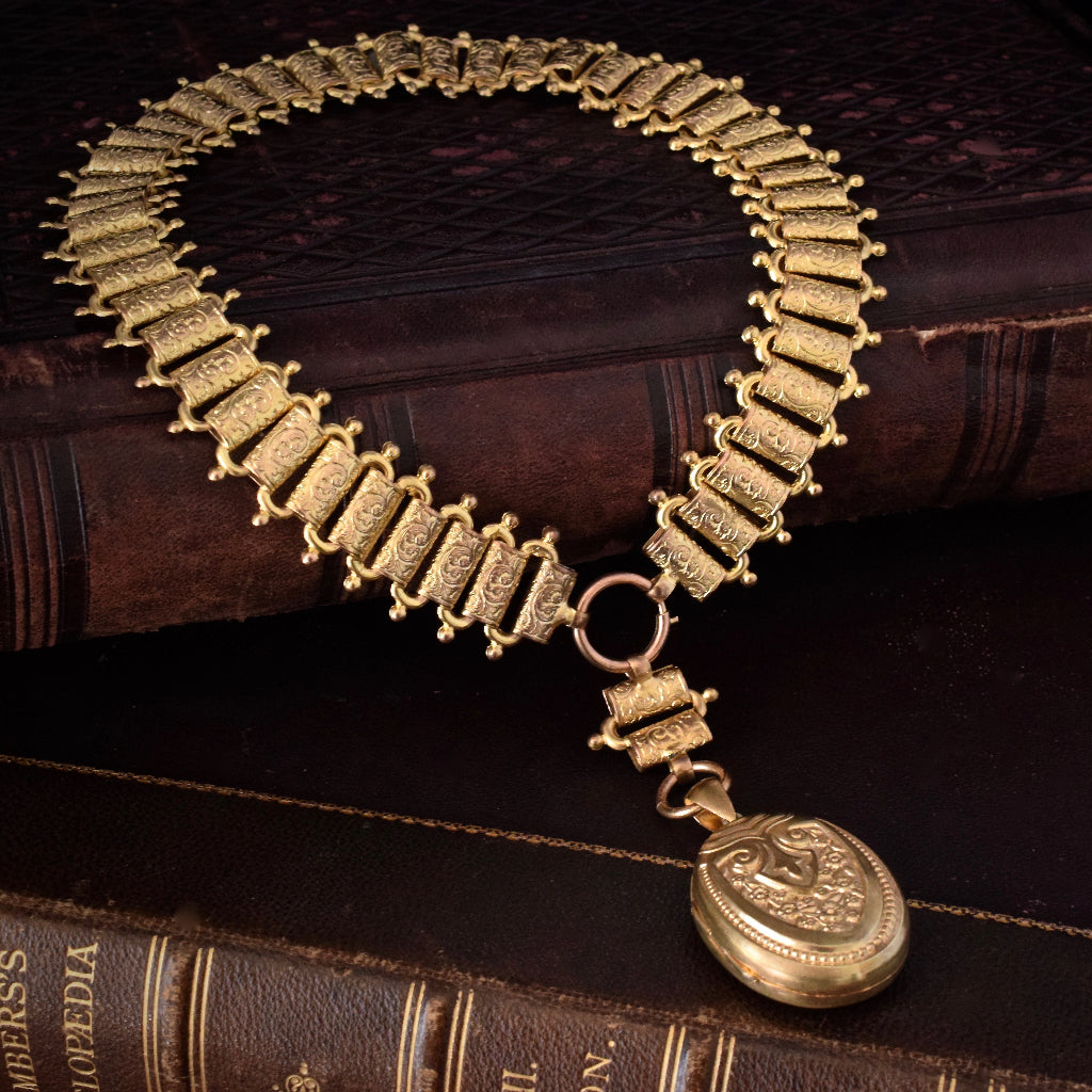 Antique Victorian Gilt ‘Day And NIght’ Bookchain / Collar And Locket