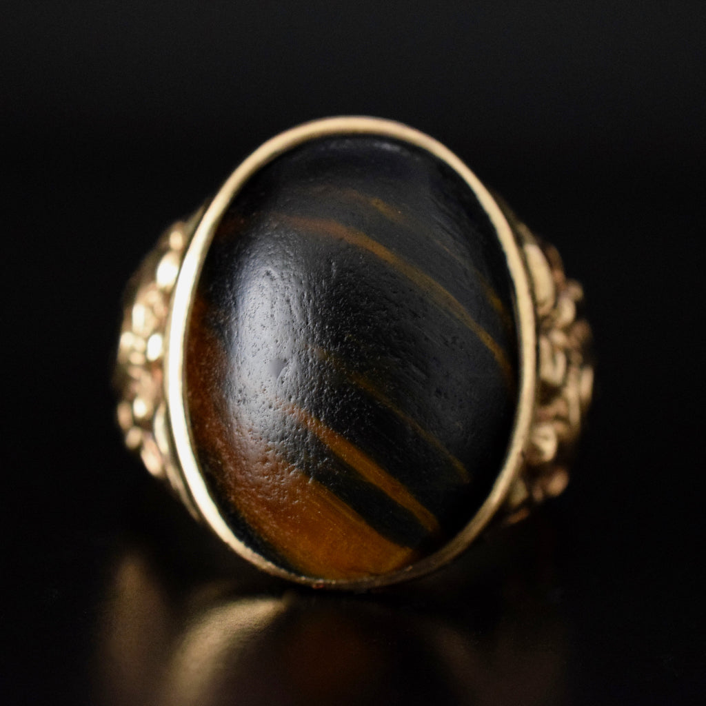 Vintage English 9ct Yellow Gold Tigers Eye Signet Ring London 1970