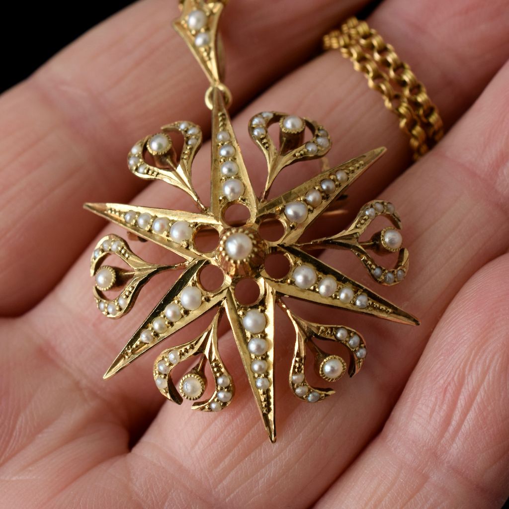 Antique 15ct Yellow Gold Celestial ‘Starburst’ Pearl Pendant/Brooch Circa 1900