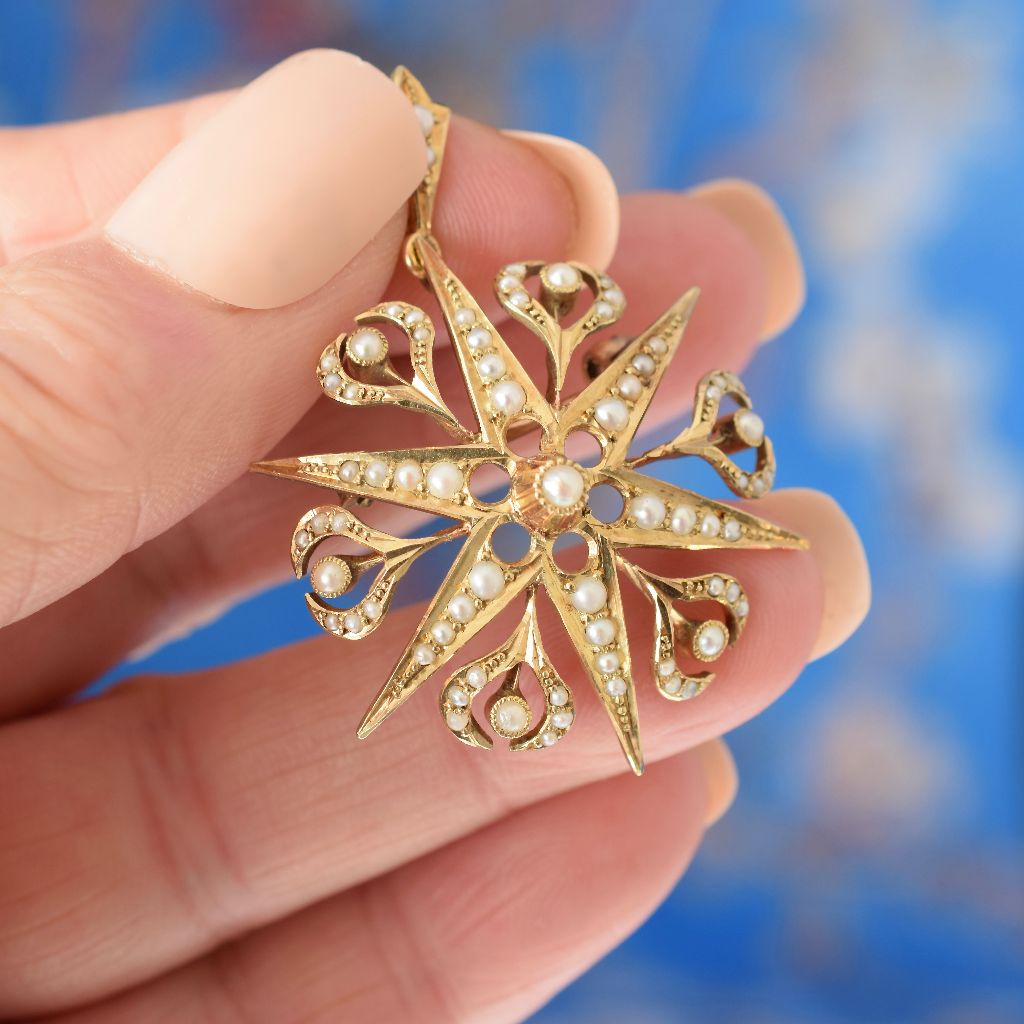 Antique 15ct Yellow Gold Celestial ‘Starburst’ Pearl Pendant/Brooch Circa 1900