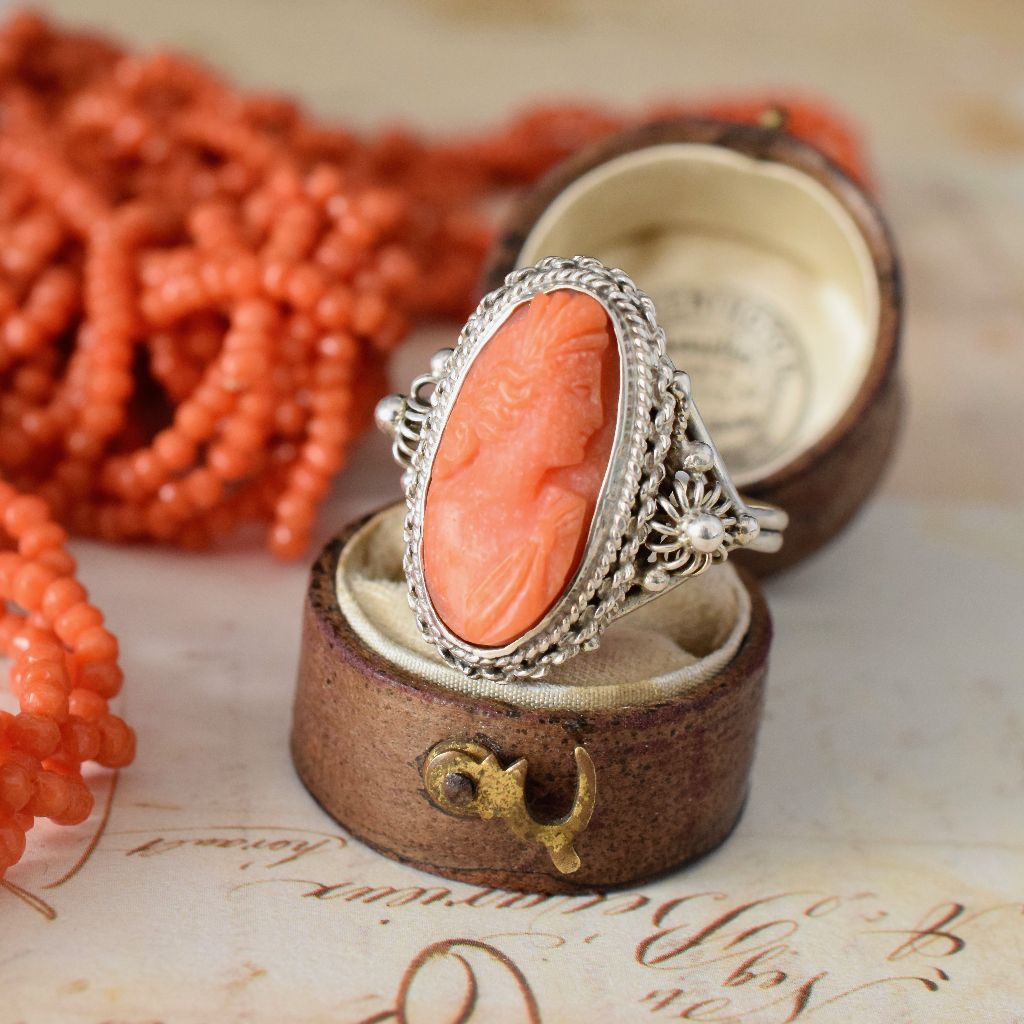 Vintage Sterling Silver Natural Salmon Coral Cameo Ring