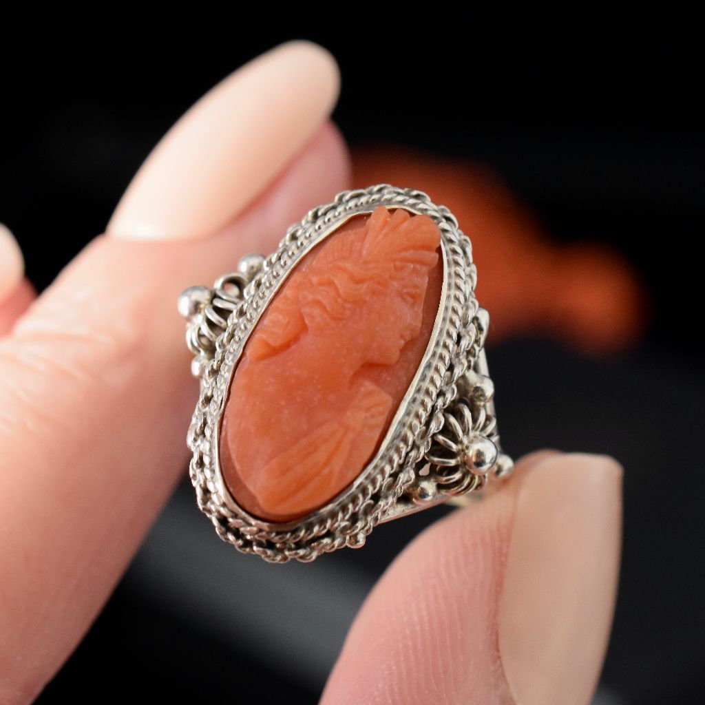 Vintage Sterling Silver Natural Salmon Coral Cameo Ring