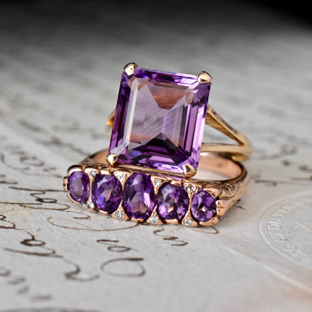 Vintage 9ct Rose Gold Amethyst And Diamond Five Stone Ring