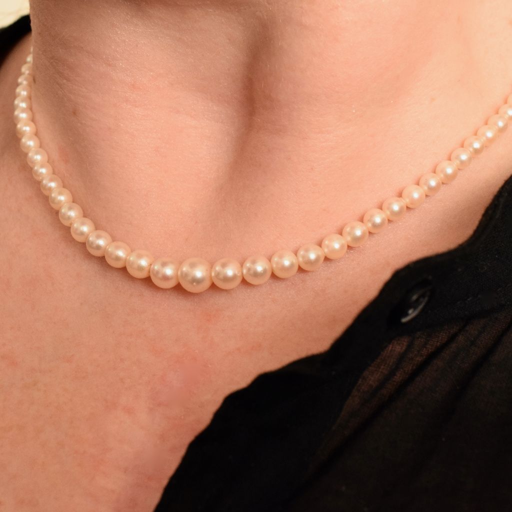 Vintage Graduated Cultured Pearl Silver Marcasite Necklace Circa 1950’s