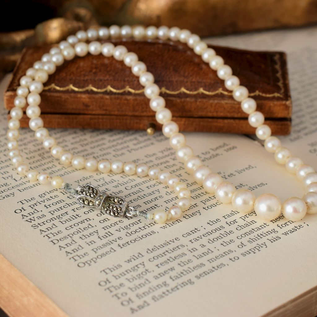 Vintage Graduated Cultured Pearl Silver Marcasite Necklace Circa 1950’s