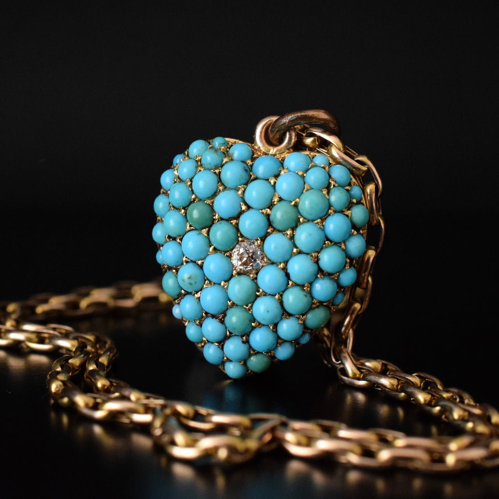 Antique Victorian Circa 1885 Turquoise And Diamond Heart Pendant