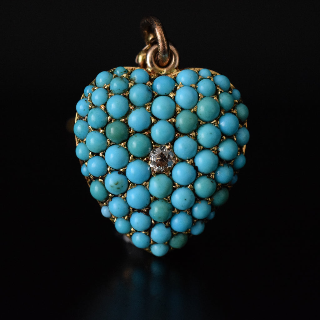 Antique Victorian Circa 1885 Turquoise And Diamond Heart Pendant