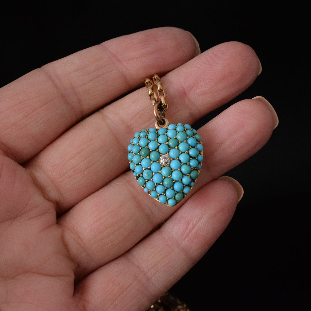 Antique Victorian Circa 1885 Turquoise And Diamond Heart Pendant