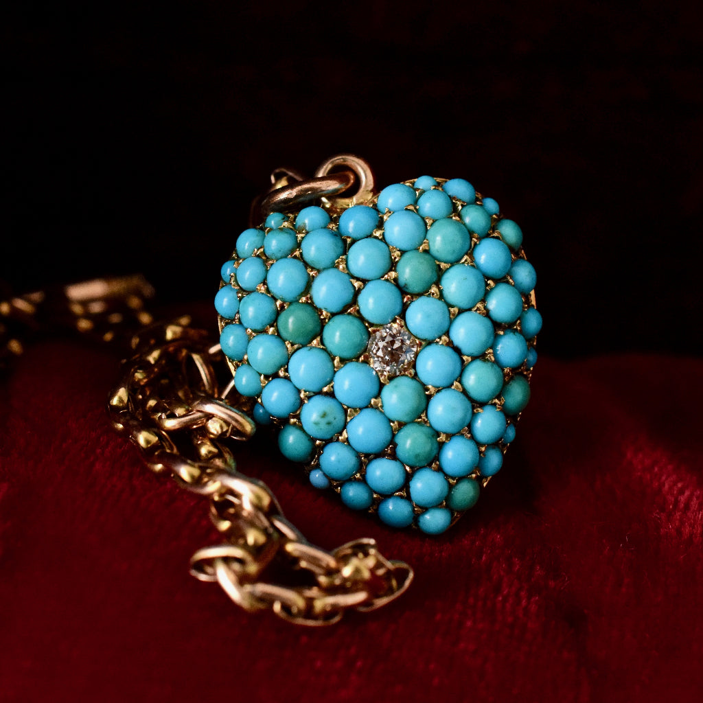 Antique Victorian Circa 1885 Turquoise And Diamond Heart Pendant