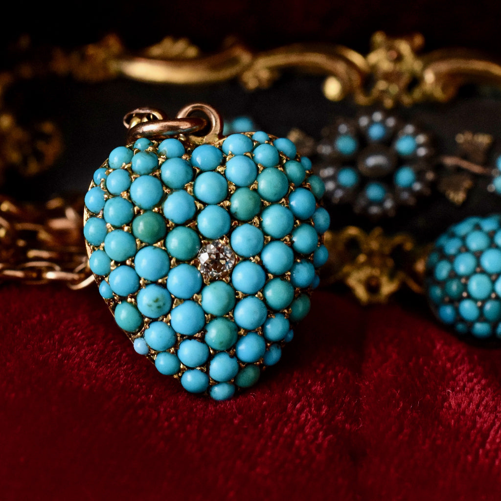 Antique Victorian Circa 1885 Turquoise And Diamond Heart Pendant