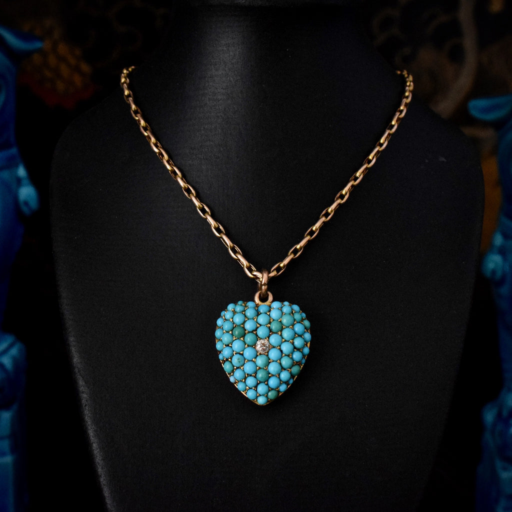 Antique Victorian Circa 1885 Turquoise And Diamond Heart Pendant