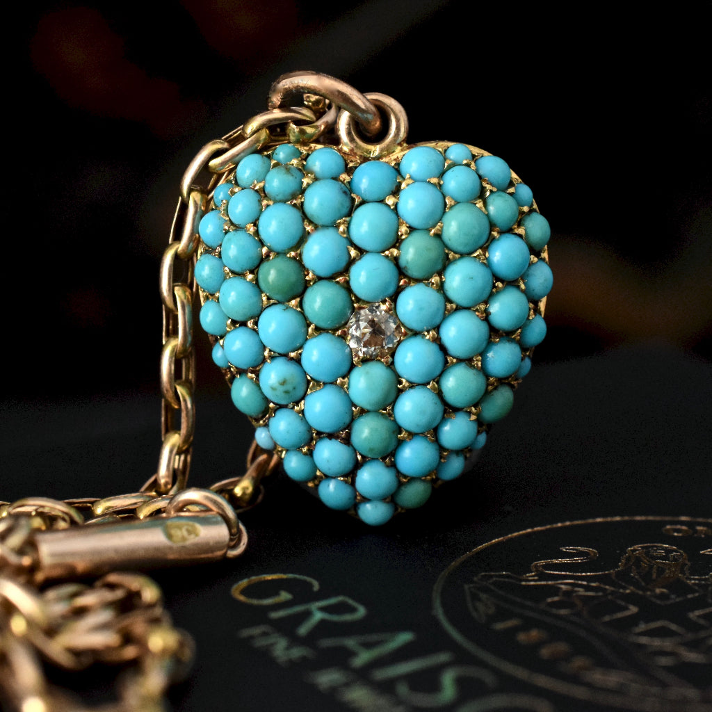 Antique Victorian Circa 1885 Turquoise And Diamond Heart Pendant