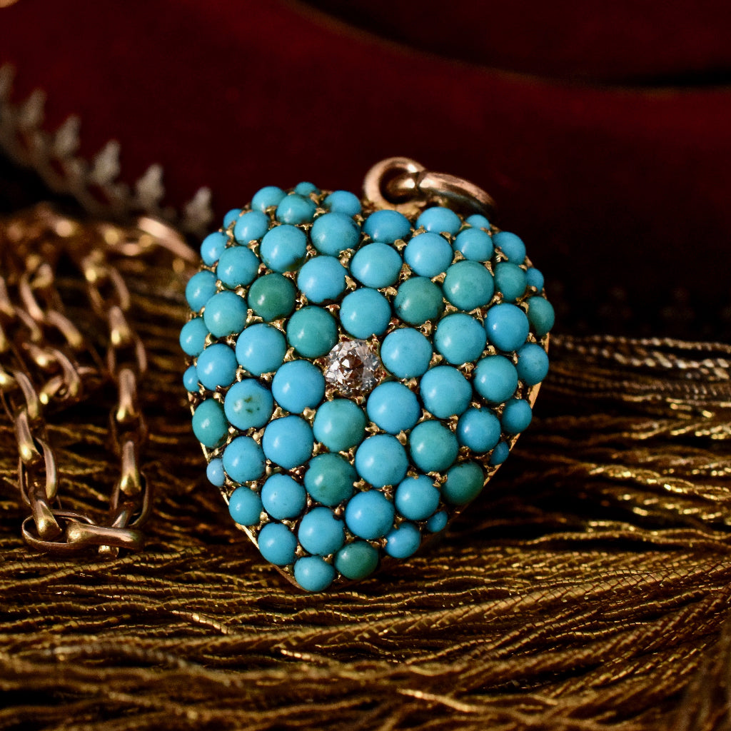 Antique Victorian Circa 1885 Turquoise And Diamond Heart Pendant