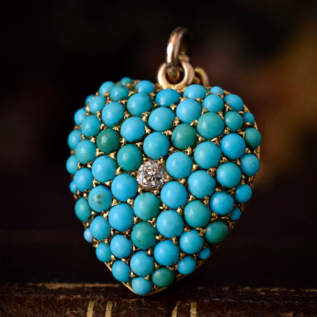 Antique Victorian Circa 1885 Turquoise And Diamond Heart Pendant