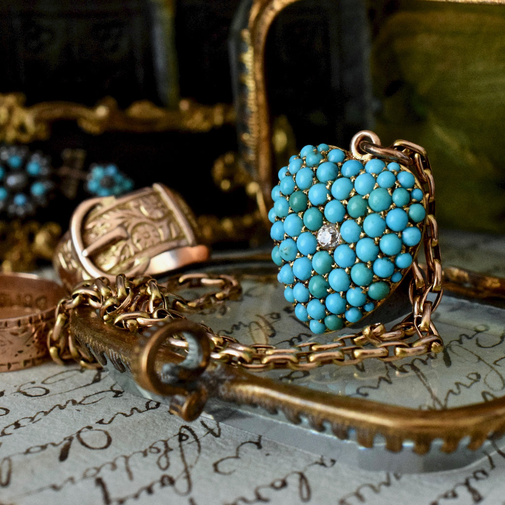 Antique Victorian Circa 1885 Turquoise And Diamond Heart Pendant