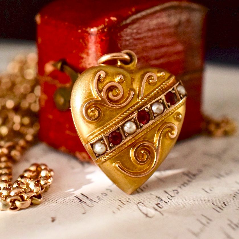 Exquisite Antique 9ct Rose Gold Garnet Seed Pearl Heart Pendant Circa 1905