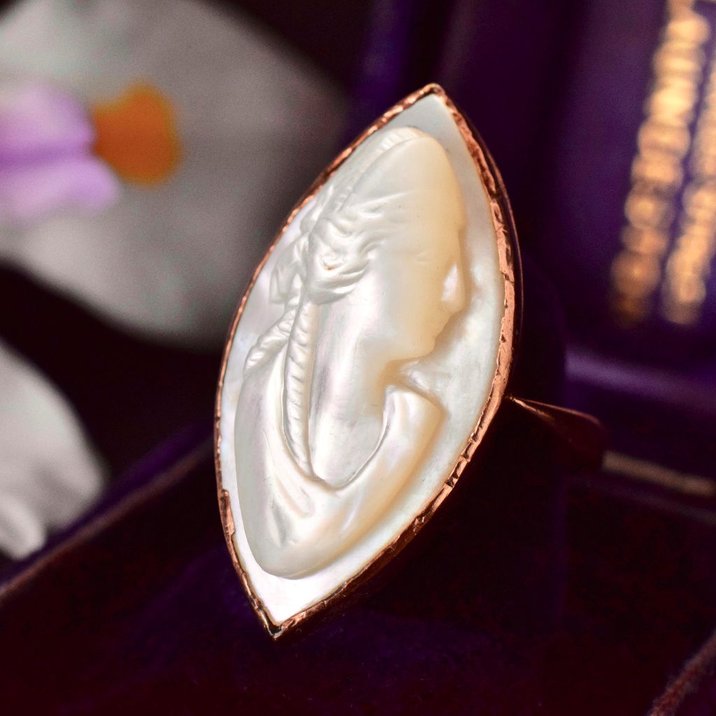 Remarkable Late Victorian 9ct Rose Gold Mother Of Pearl Cameo Ring by Stewart Dawson Circa 1900