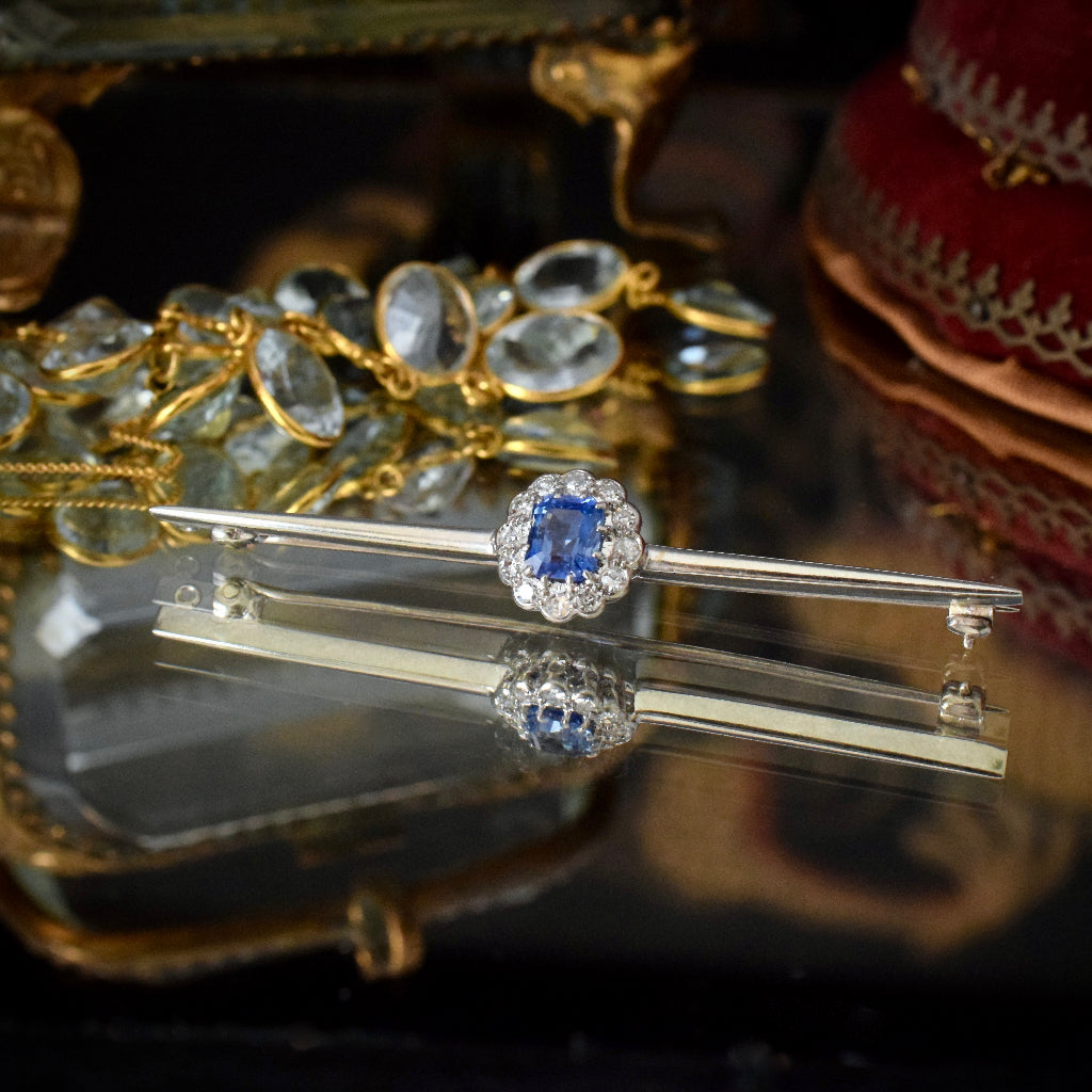 Antique Art Deco ‘Cornflower Blue’ Ceylon Sapphire And Diamond Bar Brooch
