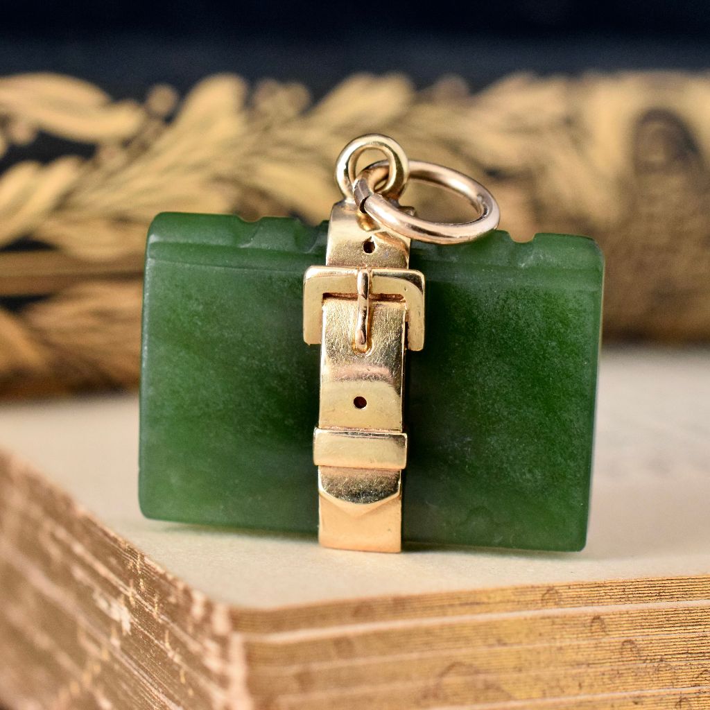 Antique Nephrite Jade 9ct Gold ‘Suitcase’ Charm Fob
