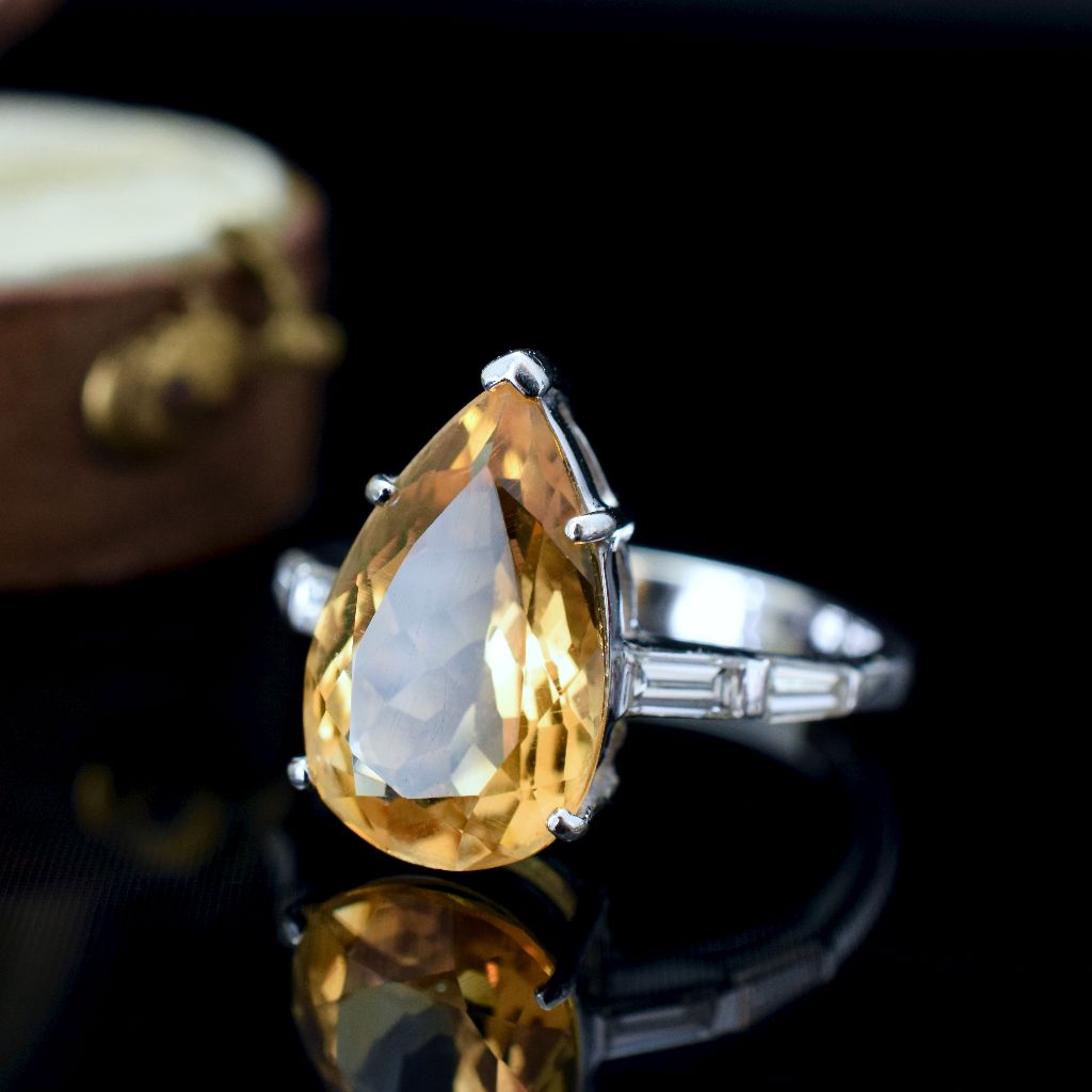 Modern 14ct White Gold Pear-Shape Citrine Diamond Ring