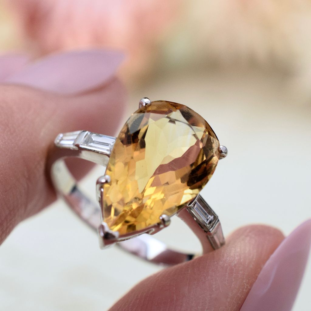 Modern 14ct White Gold Pear-Shape Citrine Diamond Ring