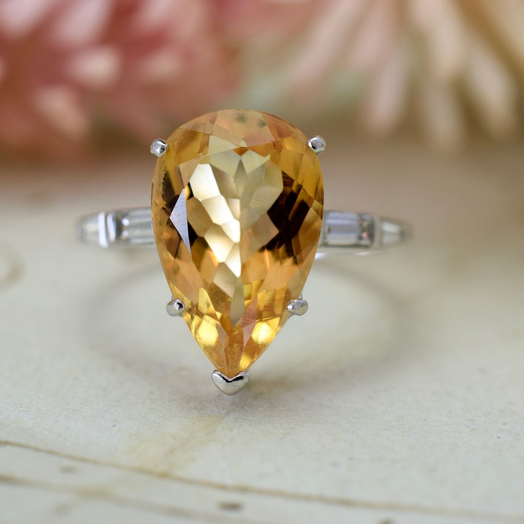 Modern 14ct White Gold Pear-Shape Citrine Diamond Ring