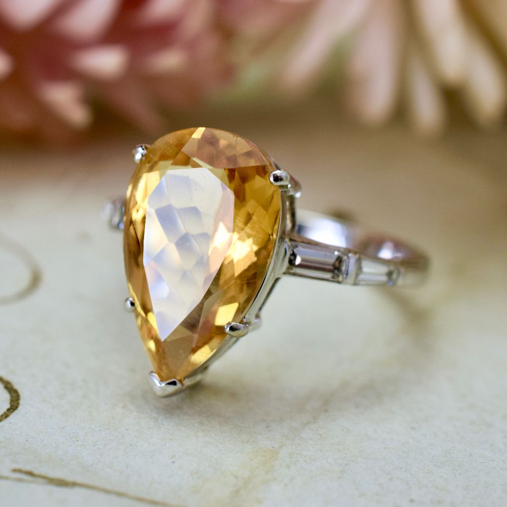 Modern 14ct White Gold Pear-Shape Citrine Diamond Ring